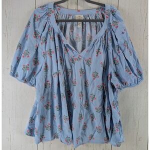 St Johns Bay Size 3X‎ Blue Floral Split V Neck Short Sleeve Womens Blouse
